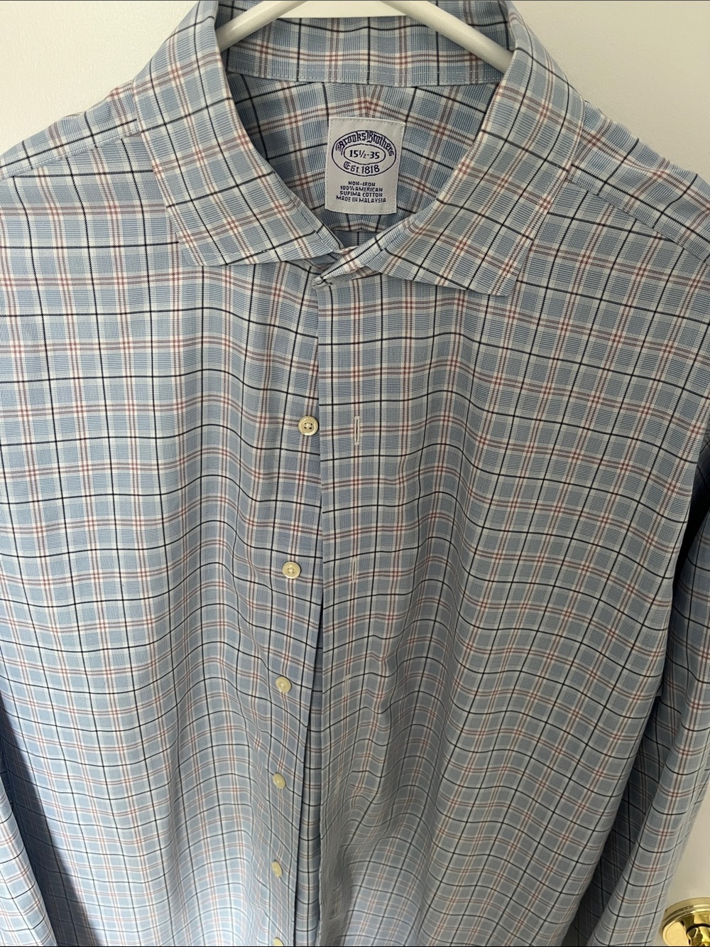 Brooks Brothers Light Blue & White Plaid Dress Shirt with Subtle Pink Accent